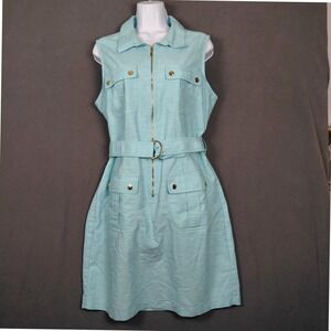 Lg Safari Shirt Dress Sleeveless Utility  Zip Front Belted Light Blue Gold Cargo